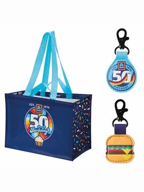 ALDI 50th Birthday Reusable Tote Bag and 2 Quarter Holder Keychain